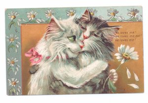 Edwardiaanse ansichtkaart van twee katten die elkaar omhelzen, ca. 1910 door Louis Wain
