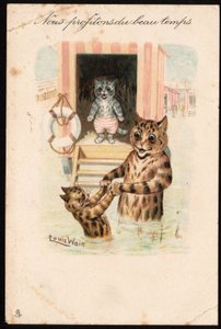 Wij genieten van het mooie weer. Dieren in menselijke houding. Zee badende katten op vakantie. Ansichtkaart. Chromolithografie van Louis Wain (1860-1939), Engelse kunstenaar bekend om zijn weergave van katten met grote ogen. Begin 20e eeuw. Collectie pr door Louis Wain
