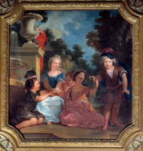 Groep kinderen die bilboquet spelen door Louis de Boullongne