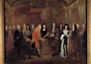 Koning Lodewijk XIV (1638-1715) ontvangt prins Frederik Augustus van Saksen van Elizabeth Charlotte d