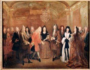 Koning van Frankrijk Lodewijk XIV ontvangt prins Frederik Augustus I in het kasteel van Fontainebleau