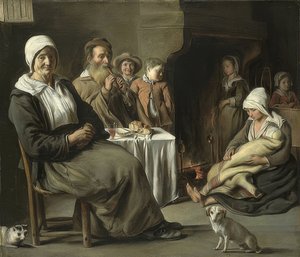 Boereninterieur met een oude fluitspeler