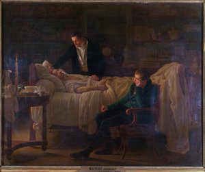 Marie Francois Xavier Bichat (1771-1802) stervend, omringd door de artsen Esparon en Philibert Joseph Roux (1780-1854)