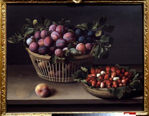 Een perzik, aardbeien en een mand met fruit door Louise Moillon