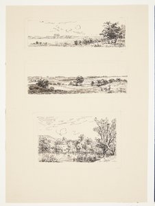 Blad met drie kleine landschappen
