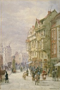 Uitzicht oostwaarts langs Holborn met figuren en paard-en-wagens op straat, Londen door Louise Rayner