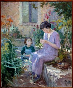 Madame Prat en haar dochter in de tuin. Schilderij door Joseph Loys Prat (1879-1934), 20e eeuw. Burgemeester van Donzere. door Loys Prat