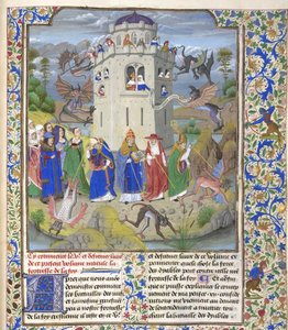 Fort van Geloof Miniatuur van de Heiligen Gregorius, Augustinus, Hiëronymus en Ambrosius vechtend tegen demonen, Laat 15e eeuw door Loyset Liedet