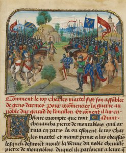 De legers van Frankrijk en Bourgondië met Martel in Gebed door Loyset Liedet