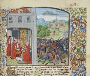 De kroning van paus Gregorius XI en de Slag bij Pontvallain, 1370, ca. 1470-1475 door Loyset Liedet