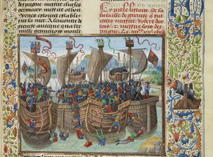 De zeeslag bij Guernsey, 1342, ca. 1470-1475 door Loyset Liedet