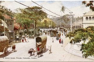 Straatscène, Pettah, Colombo, Ceylon, ca. 1900-20 (handgekleurde foto)