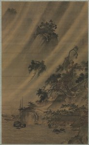 Rivierdorp in een regenstorm, ca. 1480-1507 door Lu Wenying