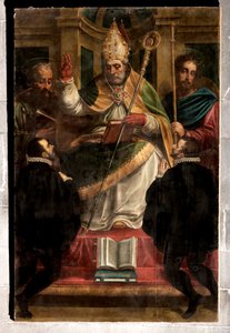 Genua, Duomo (Sint-Laurenskathedraal): "St. Gotthard tussen St. Paulus en St. Jacobus en twee knielende gelovigen" (1571), door Luca Cambiaso (met overschilderingen door Carlo Giuseppe Ratti) door Luca Cambiaso