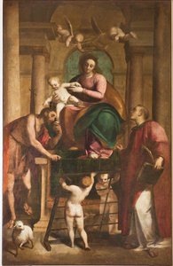 Genua, Duomo (Sint-Laurenskathedraal), binnen, doopkapel (voorheen kerk van Sint-Jan de Oude): "Madonna en Kind tussen Sint-Jan de Doper en Sint-Laurens", door Luca Cambiaso door Luca Cambiaso