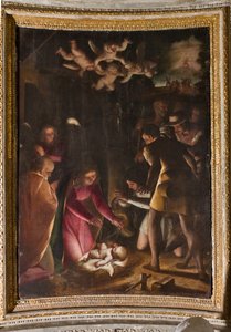Genua, Duomo (St. Laurentiuskathedraal), binnen, De Lercari-kapel of De Kapel van het Heilig Sacrament (Noordelijke apsis): "Aanbidding van de herders", door Luca Cambiaso door Luca Cambiaso