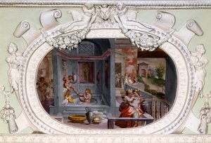 Scènes van bad, verleiding. Fresco door Luca Cambiaso (1527-1585)