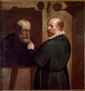 Zelfportret van de kunstenaar die het portret van zijn vader maakt