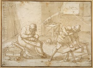Studie voor de Heilige Familie in de timmerwerkplaats door Luca Cambiaso