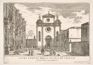 Gezicht op de gevel van de kerk van St. Roch en links de gevel van de school, 1703 door Luca Carlevarijs