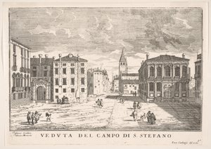 Plaat 95: Uitzicht op Campo Santo Stefano met het Loredan Paleis en Morosini Paleis, Venetië, 1703 door Luca Carlevarijs