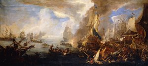 Een Zeeslag met Sardijnse en Venetiaanse Oorlogsschepen en Sardijnse en Egyptische(?) Galeien op de Voorgrond