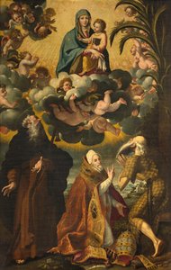 Altaar van Sint Antonius, Madonna en Kind met Heiligen Antonius Abt Paul Hermiet en Paus Gregorius XIV, Luke Cattapane 1593 door Luca Cattapane