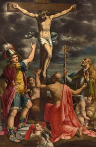 Altaar van San Fermo, Kruisiging met Heiligen Fermo Jerome en Paus Gregorius XIV, Luca Cattapane 1593 door Luca Cattapane