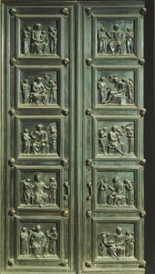 Italië, Florence, Kerk van Santa Maria del Fiore, Deur van de sacristie van missen (UNESCO Werelderfgoed)