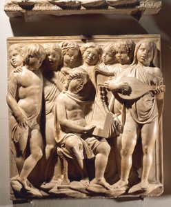 Laudate Eum in chordis et organo (Psalm 150, Laudate Dominum), paneel met jongens die zingen met orgel, harp en luit door Luca Della Robbia