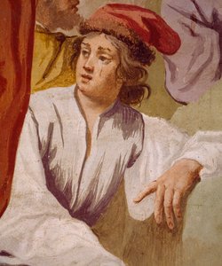 Lycaon, zoon van Antenor, wijdt de dolk van Apollo in Delphi, episode uit de mythe van Antenor door Luca Ferrari