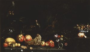 Stilleven met fruit, bloemen, een havik en een distelvink door Luca Forte