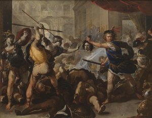 Perseus verandert Phineas en zijn volgelingen in steen, begin 1680s door Luca Giordano
