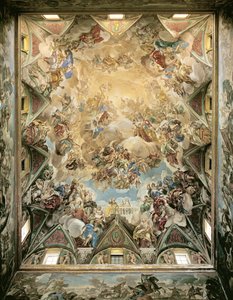 De hemelse glorie en de triomf van de Habsburgers, van het plafond boven de grote trap door Luca Giordano