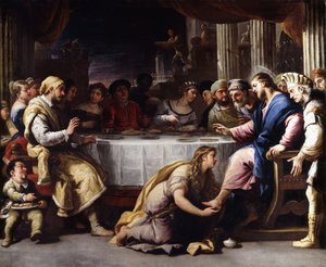 De Magdalena wast de voeten van Christus in het huis van Simon door Luca Giordano