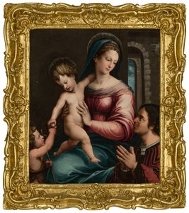 De Madonna en Kind met de jonge Sint Jan de Doper en een schenker door Luca Penni