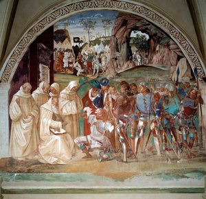 Benedictus ontmaskert de sluwheid van Totila, koning van de Goten, om zijn helderziendheid te testen door Luca Signorelli