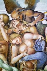 Verdoemden in de hel, detail met zelfportret van Luca Signorelli als blauwe demon, uit Laatste Oordeel fresco cyclus