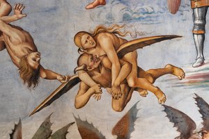 Verdoemd naar de hel, detail van de vliegende demon die een welvarende zondaar op zijn schouders draagt en achterom kijkt naar haar grijnzend, duidelijk tevreden met de prooi