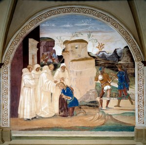 Het leven van Sint Benedictus van Nursia: Benedictus vermaant de broer van monnik Valerian die zijn vasten heeft gebroken door Luca Signorelli
