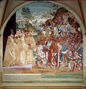 Sint Benedictus van Nursia verwelkomt Totila (6e eeuw) koning van de Ostrogoten fresco van de refter van de monniken gemaakt door Luca Signorelli die het leven van Sint Benedictus van Nursia (480 - 567) stichter van de Orde van Benedictijnen vertelt. 1503 door Luca Signorelli