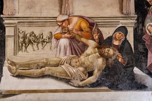Het interieur, Kapel Nova of Kapel van St. Brizio, Kapel van de Heilige Lichamen: "Rouw om de dode Christus" tussen de twee heiligen van Orvieto (S. Parenzo rechts en S. Faustino links), door Luca Signorelli door Luca Signorelli