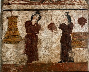 Een groep dansers tijdens een begrafenisritueel Lucaanse fresco uit de 4e eeuw v.Chr., afkomstig uit de necropolis van Paestum, Italië. Museo nazionale archeologico, Paestum door Lucanian School