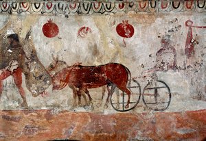 Een herder en twee ezels Lucaanse fresco uit de 4e eeuw v.Chr., uit de necropolis van Paestum, Italië. Museo nazionale archeologico, Paestum