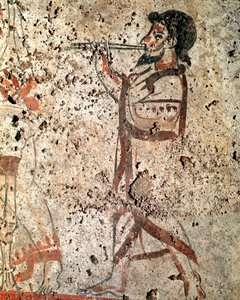 Een muzikant die de fluit speelt Lucaanse fresco uit de 4e eeuw v.Chr., afkomstig uit de necropolis van Paestum, Italië. Museo nazionale archeologico, Paestum