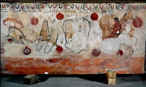 Een ruiter en de verschillende elementen van zijn harnas Lucaanse fresco uit de 4e eeuw v.Chr., afkomstig uit de necropolis van Paestum, Italië. Museo nazionale archeologico, Paestum door Lucanian School