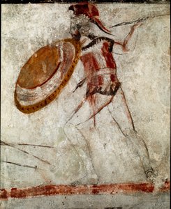 Een krijger met een speer en een schild Lucaanse fresco uit de 4e eeuw v.Chr., uit het graf van de Ruiter, site van Paestum, Italië. Museo nazionale archeologico, Paestum door Lucanian School