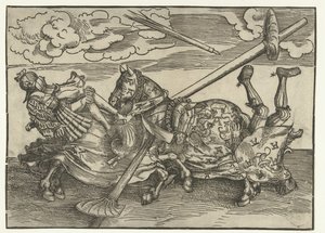 Duits toernooi met twee edelmannen als ridders te paard