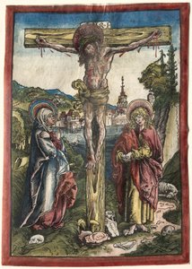Christus aan het Kruis tussen de Maagd en Sint Jan door Lucas Cranach
