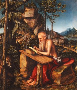 Sint Hiëronymus schrijvend in een rotsachtig landschap, ca. 1515 door Lucas Cranach